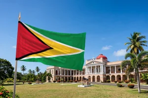 Guyana's Golden Arrowhead flag flies in front of the Parliament Building in Georgetown
